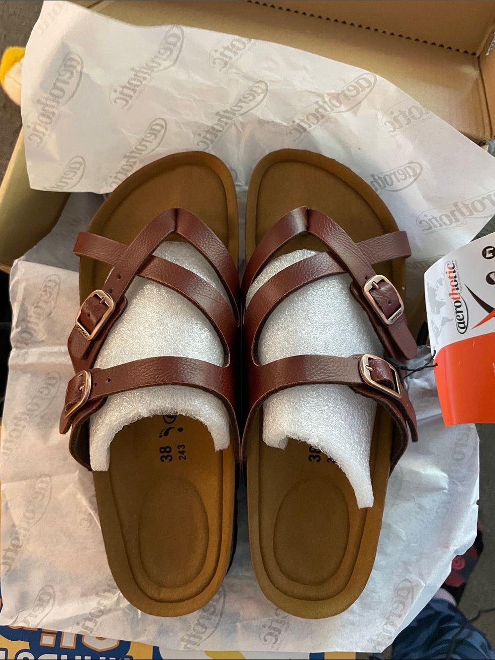 Aerothotic women’s size 8/38 brown Triple-Strap padded cork footbed sandals